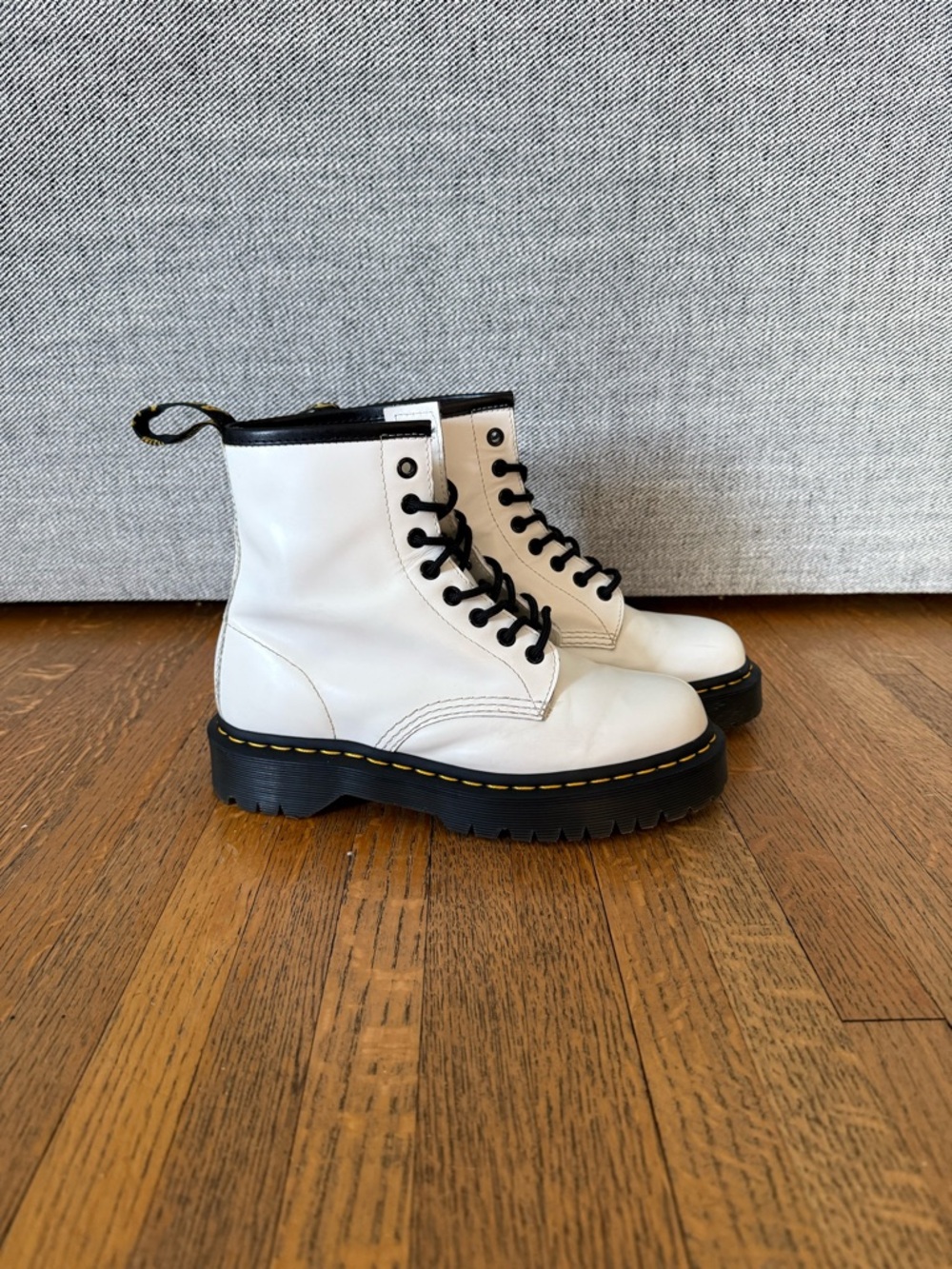 Dr. Martens White Leather Lace-Up Platform Combat Boots with Black Trim